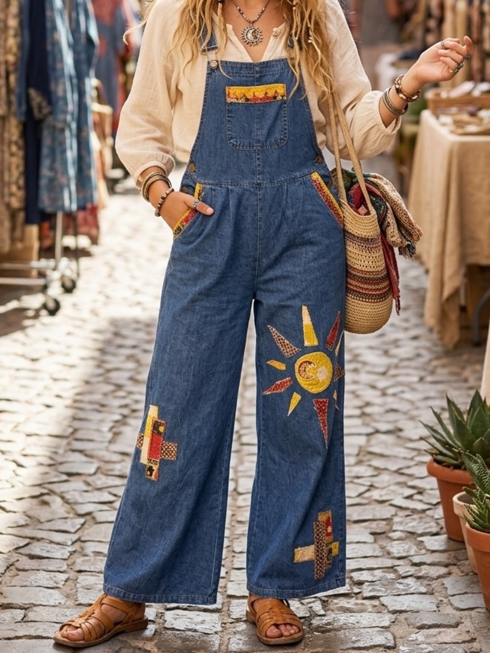Handmade Kantha Patchwork Wide Leg Boho Hippie Overalls
